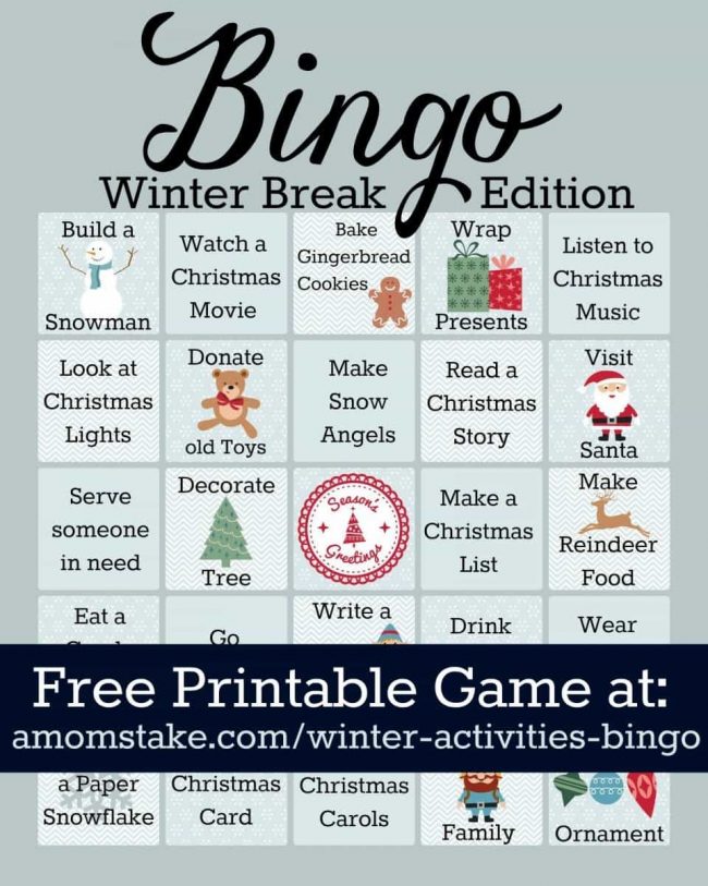 Winter Activities Bingo - fun holiday game to play with the kids and as a family to keep you active and having fun through Christmas and New Year's Eve!