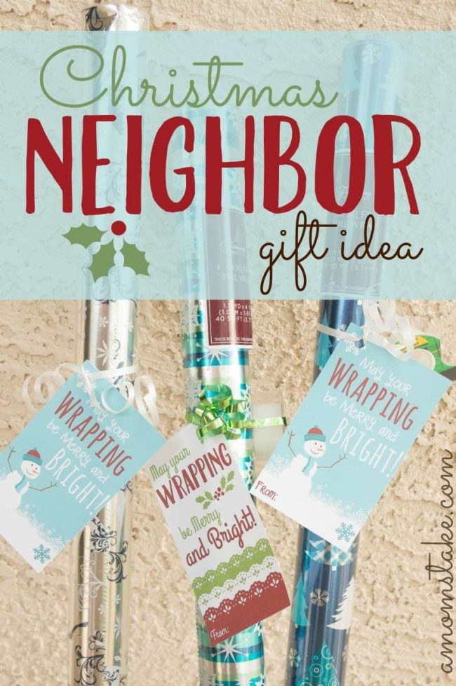 Super easy, unique, and cute neighbor and friend gift idea for Christmas! Grab a festive, foil roll of wrapping paper, tie it up with some ribbon and a roll of tape and add this free printable gift tag.