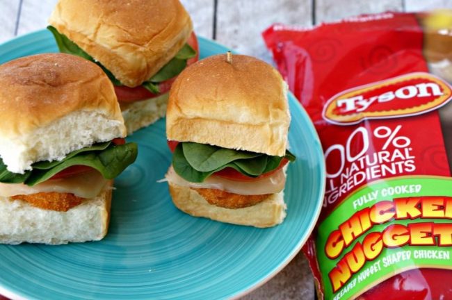 Chicken nugget sliders are the best and easiest appetizer or finger food for football game day, movie viewing parties or kid's lunch. Tyson Chicken makes these so easy and fast. 