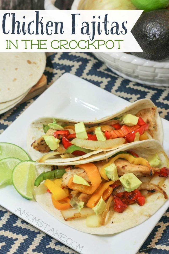 Easy dinner recipe! Toss in chicken, peppers, onions, and seasonings in the crockpot, cook on low, and dinner is done! Crockpot Chicken Fajitas recipe