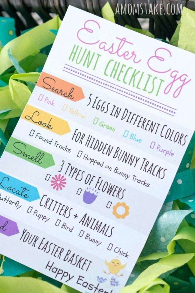 We're printing this awesome Easter egg hunt checklist to use with the kids this year! So fun to mix up the traditional holiday Easter hunt and make it unique and cheap and make the hunt last longer! Free printable!