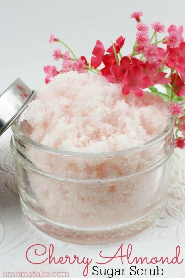Cherry Almond Sugar Scrub Recipe - So simple, perfect as a gift for moms this Mother's day! Moisturizing and exfoliating with a great scent, she'll love this gift & treat!