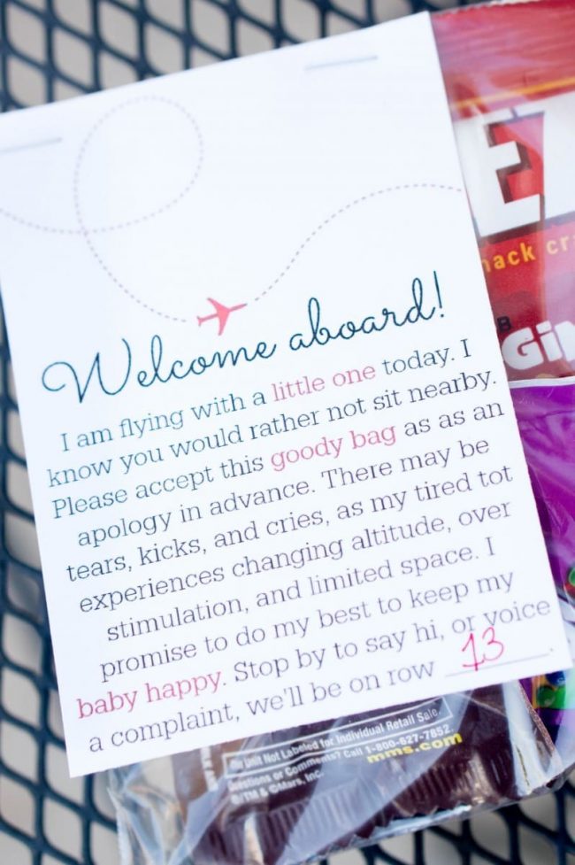 Baby on Board - apology goody bag to gift to the seats around you on a flight! A cute idea to ease the tension when traveling with a baby.