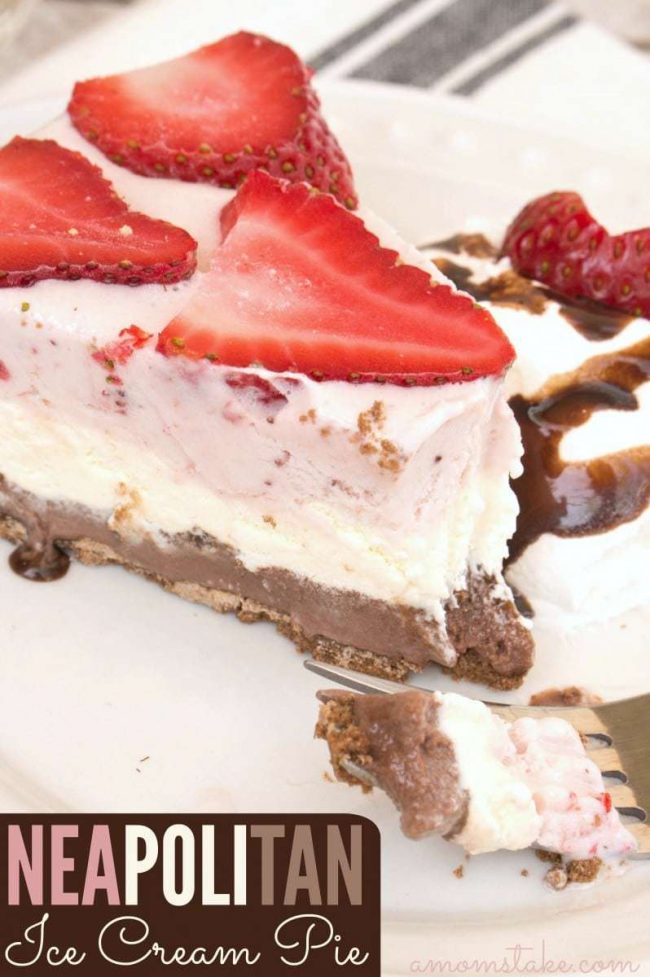 Yummy, yummy! You'll find layers of chocolate, vanilla, and strawberry ice cream - and a few surprises - in this perfect summer dessert, an easy homemade Neapolitan Ice Cream Pie recipe.