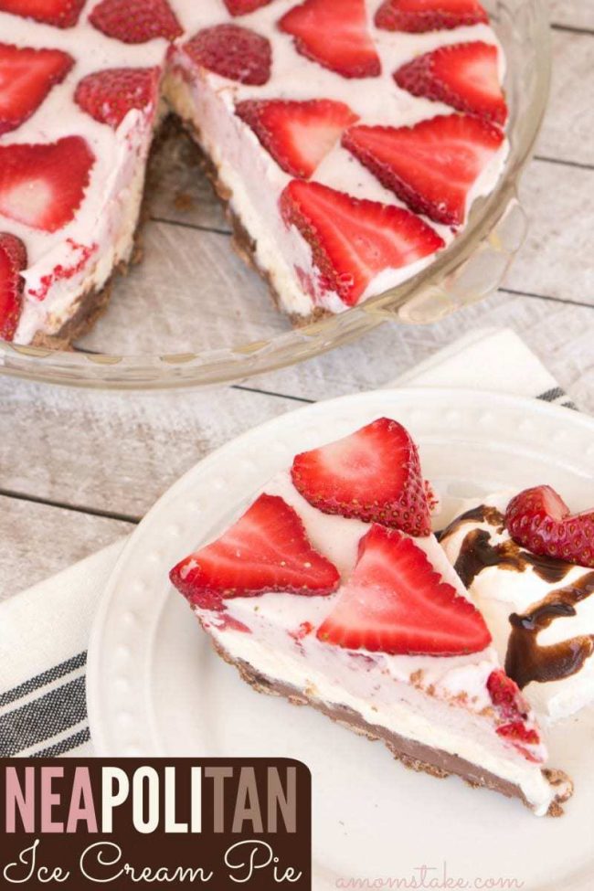 Yummy, yummy! You'll find layers of chocolate, vanilla, and strawberry ice cream - and a few surprises - in this perfect summer dessert, an easy homemade Neapolitan Ice Cream Pie recipe.