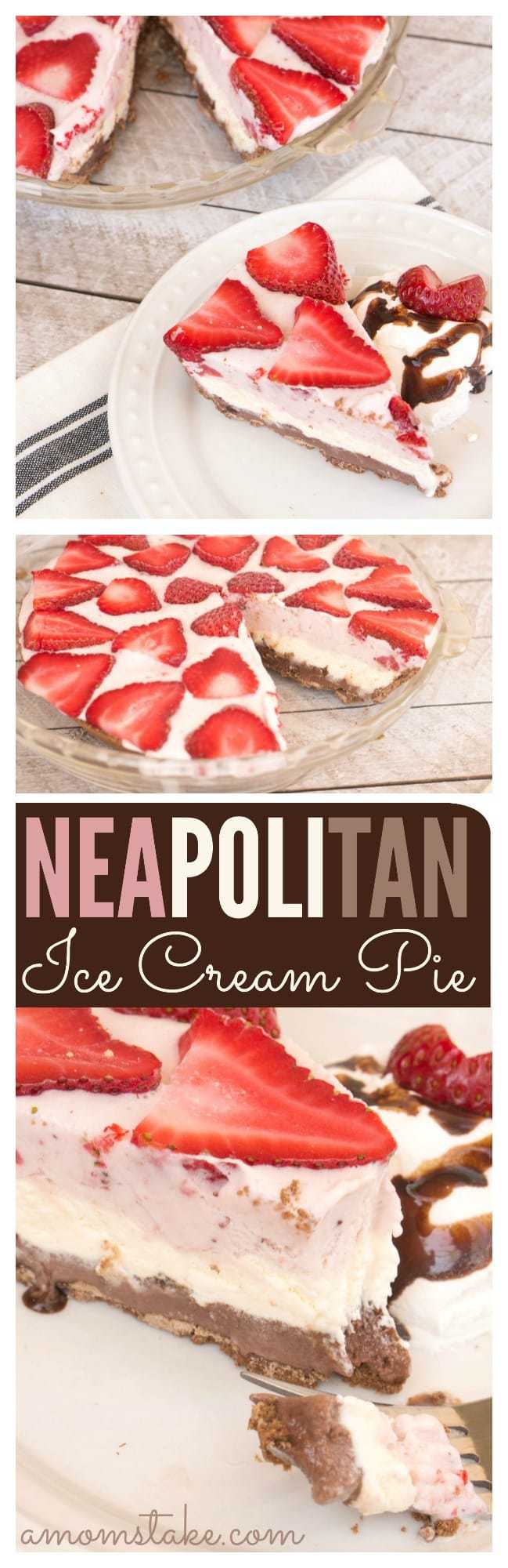 Yummy, yummy! You'll find layers of chocolate, vanilla, and strawberry ice cream - and a few surprises - in this perfect summer dessert, an easy homemade Neapolitan Ice Cream Pie recipe.