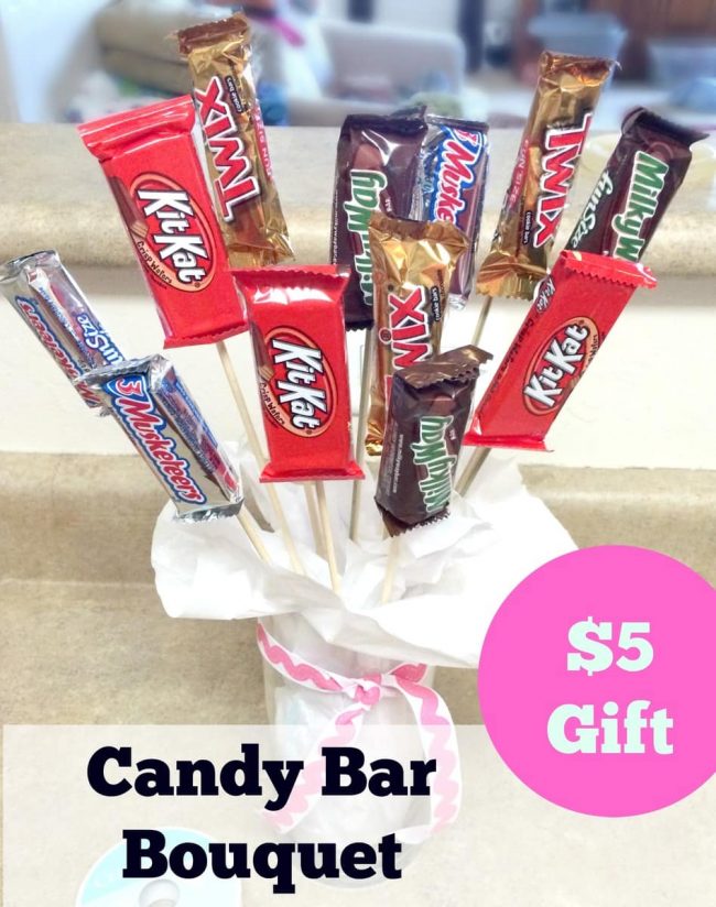 Cutest Candy bar Bouquet! This is a fun and easy gift for friends, co-workers, or teachers. $5 for the entire project! Who wouldn’t love a bouquet of chocolate?