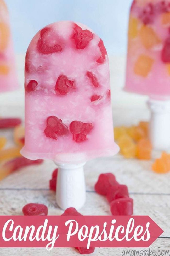 Our favorite summer treat are these tasty gummy cherry popsicles - or with gummy worms or gummy bears! All 3 options are amazing, and completely addicting! Plus, this recipe is SO easy! Make these pops in minutes!