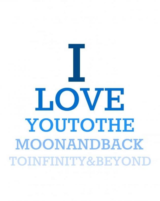 Cute printable eye exam chart inspired art for a nursery or kids room! "I Love You to the Moon and Back to Infinity & Beyond!" Baby boy themed nursery decor idea!