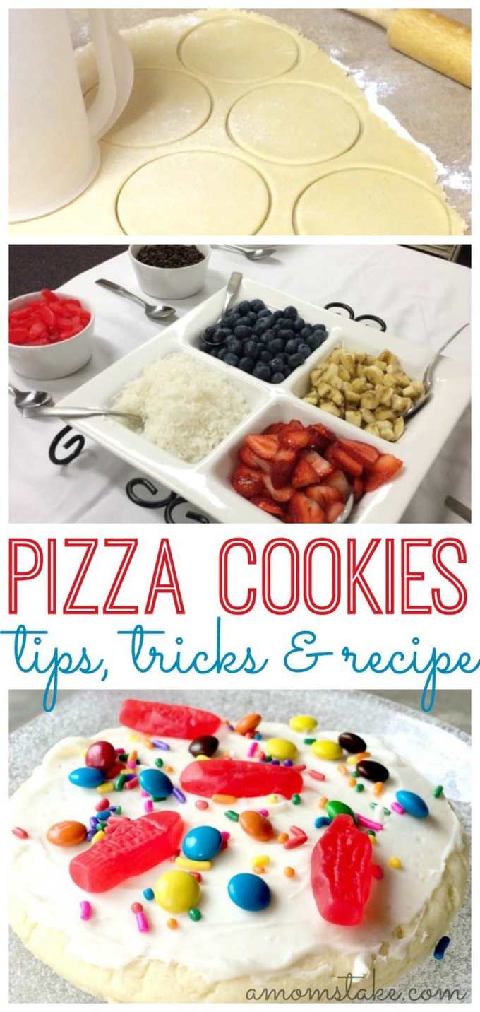 You have got to try making these, so incredibly fun and tasty!! Everyone gets to custom make their own pizza cookies with this recipe (which is totally the best ever!) Starts with a sugar cookie base and add lots of fun and goodies on top!