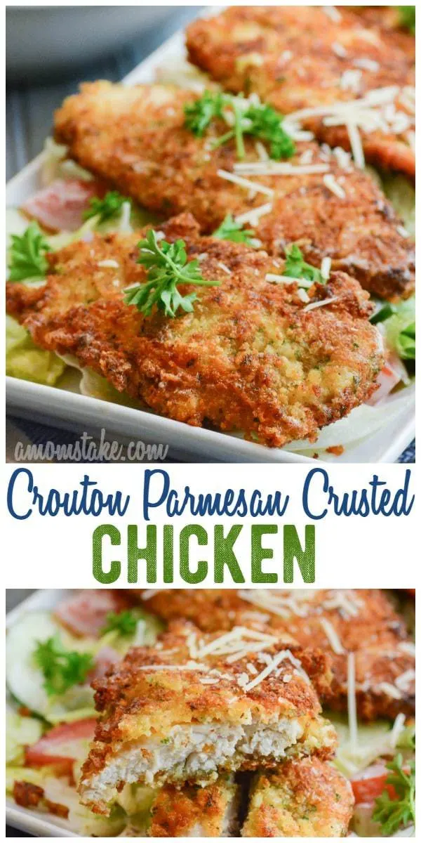 Croutons and Paremsan combine for an amazing and so easy dinner recipe you're family will crave! Crouton Parmesan crusted Chicken! 