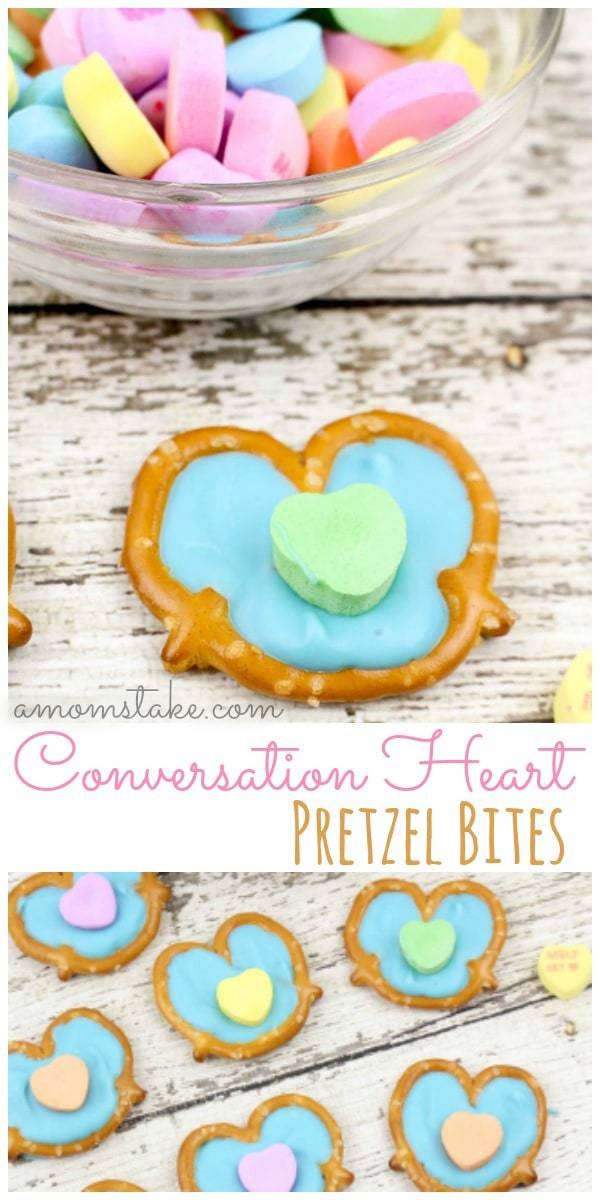 So easy and yummy these conversation hearts pretzel bites will be the hit of your Valentine's Day party treats! So simple but so yummy and the heart shape is to die for!