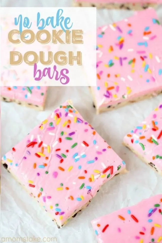 No Bake Cookie Dough Bars 8 So delicious, these no bake cookie dough bars are easy to make and no baking required! You'll love this easy cookie bar dessert with sprinkles!