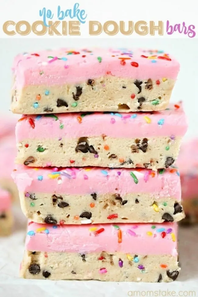 No Bake Cookie Dough Bars 1 So delicious, these no bake cookie dough bars are easy to make and no baking required! You'll love this easy cookie bar dessert with sprinkles!