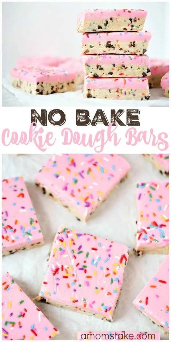 No Bake Cookie Dough Bars 14 So delicious, these no bake cookie dough bars are easy to make and no baking required! You'll love this easy cookie bar dessert with sprinkles!