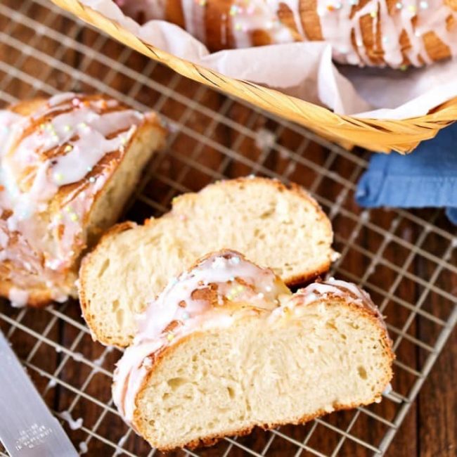 The sweet glazed topping and touch of sprinkles will make this delicious Easter bread a huge hit with your gathering. A perfect Easter side dish recipe.