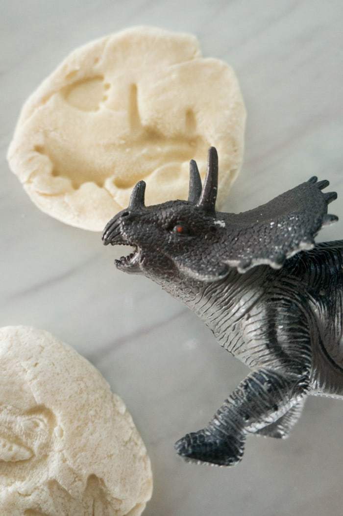 Tutorial to make your own DIY salt dough dinosaur fossils! Just follow this easy 1-minute video. You'll need just 3 easy ingredients and a few toys!