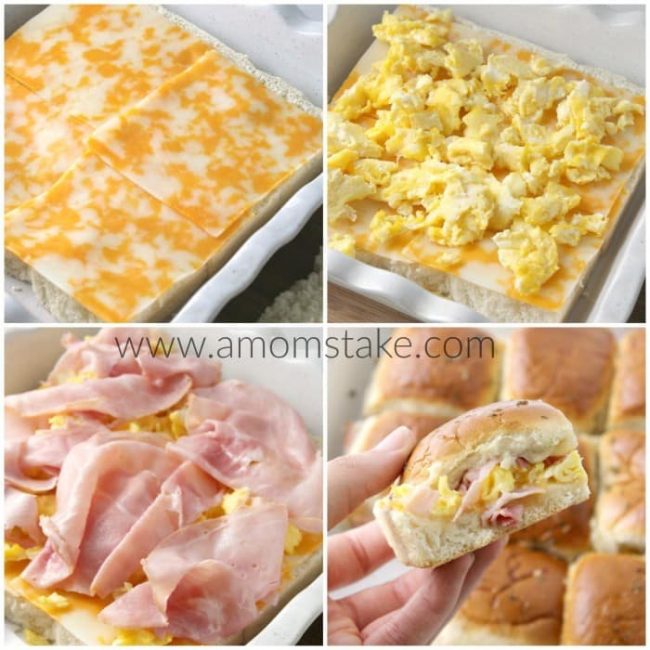 Easy egg ham and cheese breakfast sliders recipe. Make it the night before and just heat in the morning and it's ready to serve in just 10 minutes. Super simple breakfasts for families on the go or picky kids. 