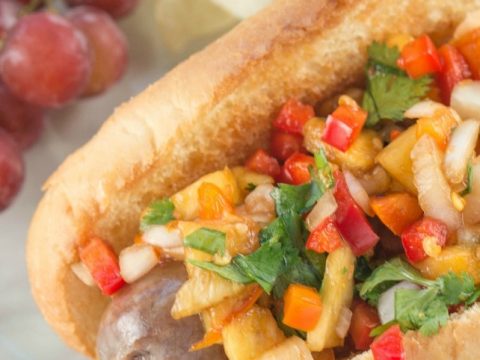 Grilled Hot Dogs with Pineapple-Pepper Relish