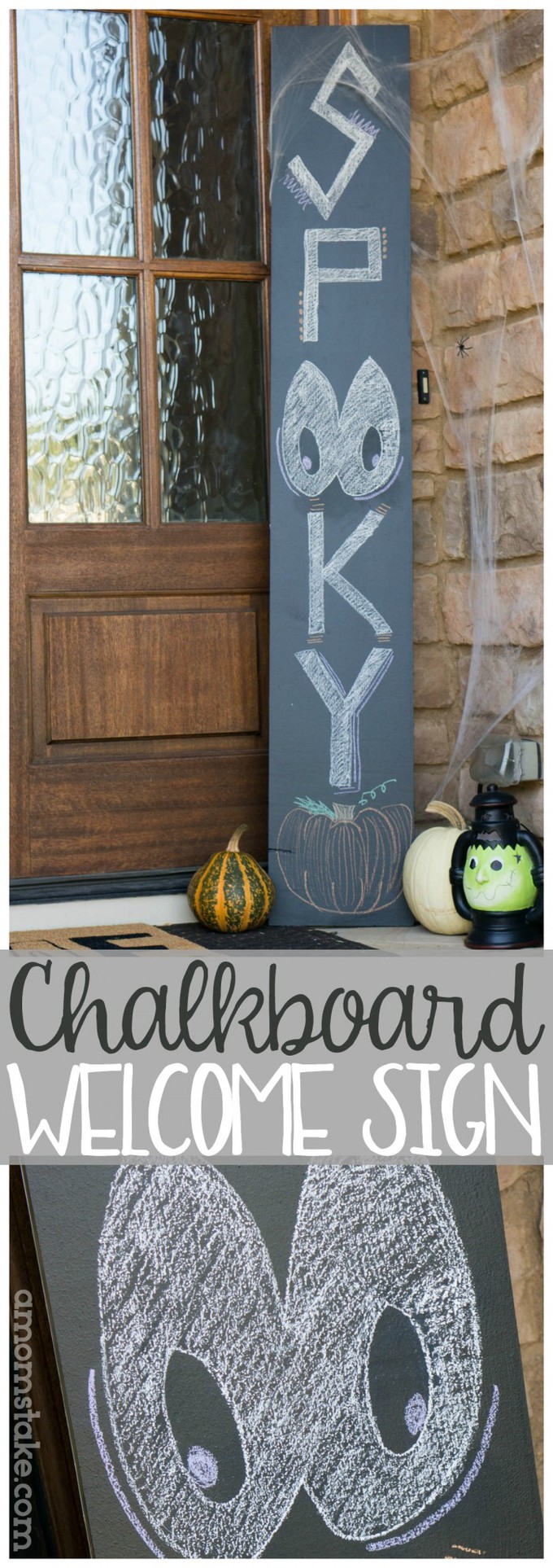 Easy and inexpensive chalkboard welcome sign perfect for holidays like Christmas and Halloween with a friendly greeting to your guests. Personalize it with each season! Or make it double sided with a permanent "welcome" message on one side and customize chalkboard panel on the back. #holidays #diy #decorating #porch #decorations #halloween #fall #christmas