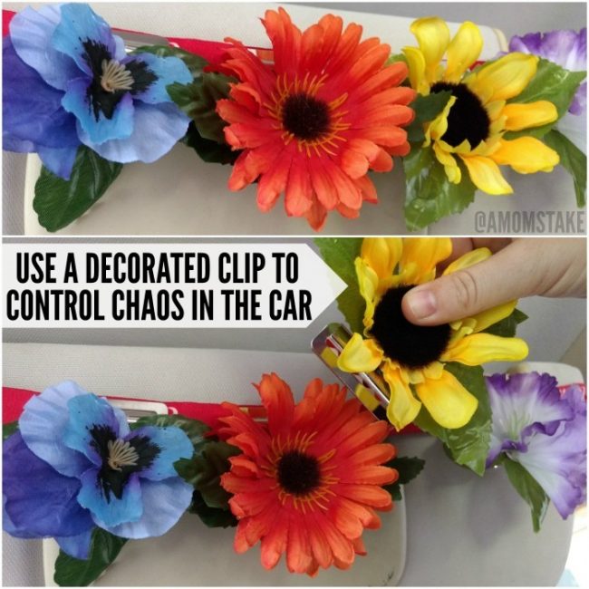 Try this simple mom trick! Decorate some clips and then strap an elastic band around your visor. Clip those decorated clips right to the band and use them to cue your kids in the car of warnings, visually!