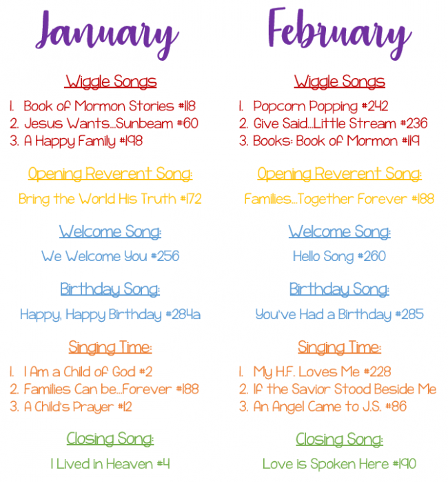 Singing Time Monthly Song List Printable Singing Time Pianist Song List
