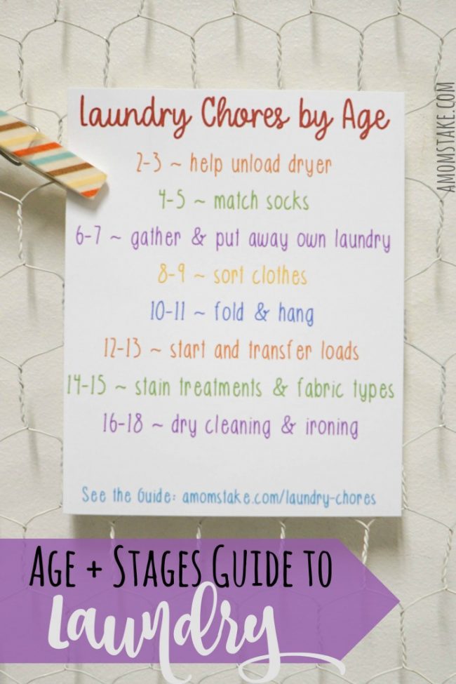 Ages & Stages Guide on how to get the kids involved and helping you with the laundry chore. Easy ways to get the kids to help with sorting, folding, and caring for the laundry chores so they are independent by the time they leave the home. #laundry #chores #homemanagement #home #kidschores 