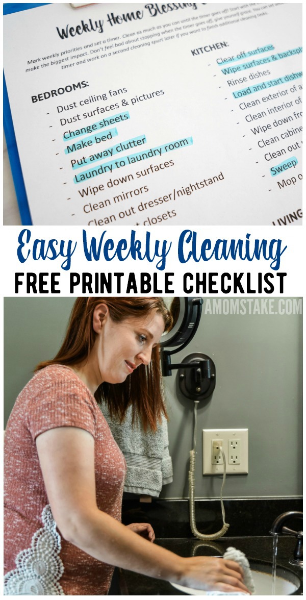 Weekly Cleaning Checklist - Print this cleaning tasks list to help you pick out your cleaning priorities and then set a timer and clean as much as you can! Inspired by the Weekly Home Blessing fly lady system to help busy moms!