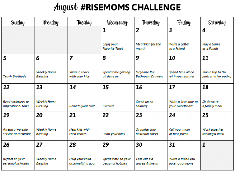 August Rise Moms Challenge Calendar - A Mom's Take