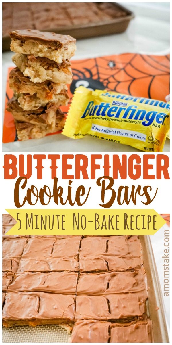 No-Bake Butterfinger Cookie Bars 1 Fun and easy no-bake Butterfinger Cookie Dough Bars. Just 5 mins to make these so yummy treats that will make enough for a large gathering! Perfect way to use leftover Halloween candy or make a treat for your Trick or Treat visitors! #Halloween #Butterfinger #Candy #Recipe #Cookies