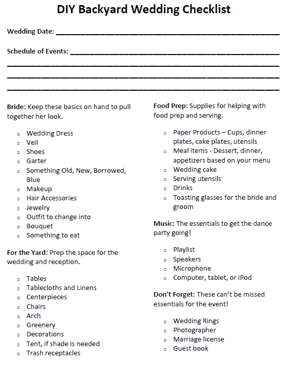 DIY Backyard Wedding Checklist & Planning Guide printable backyard wedding checklist