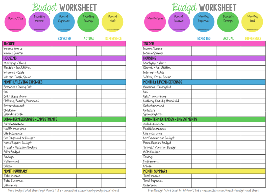 Free Printable Budget Worksheet For Single Person