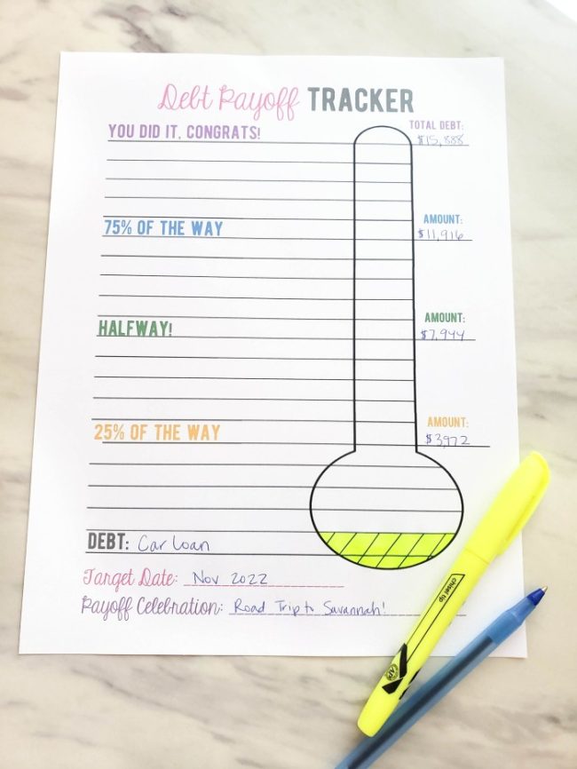 fill in debt payoff tracker with milestones thermometer