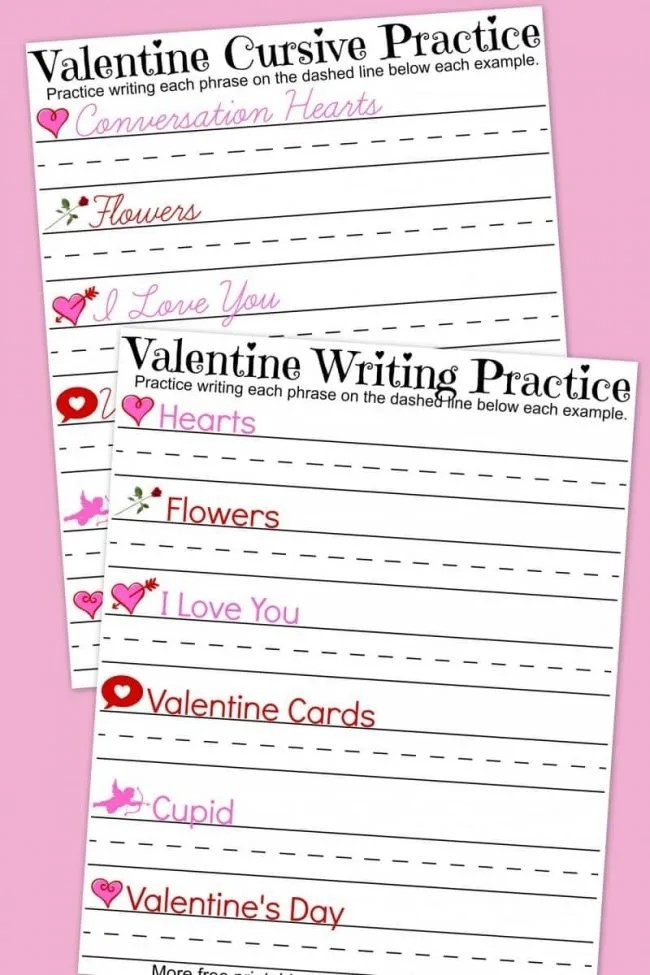 Printable Valentine Handwriting Practice worksheets - practice writing valentine's day words in print or cursive with this darling printables!