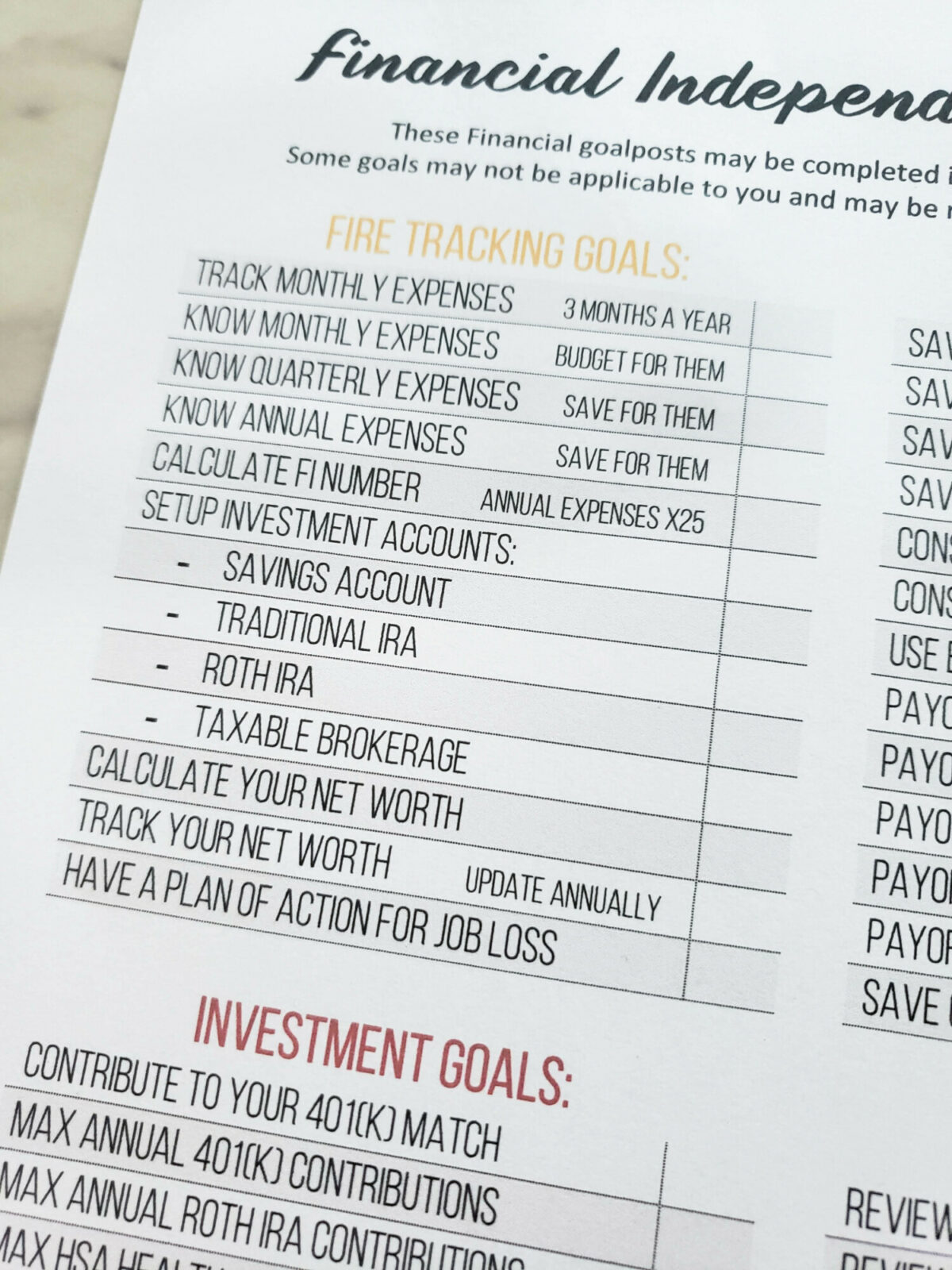 Financial Independence Checklist  - Printable F.I.R.E. goals and milestones - Tracking FI goals along the way