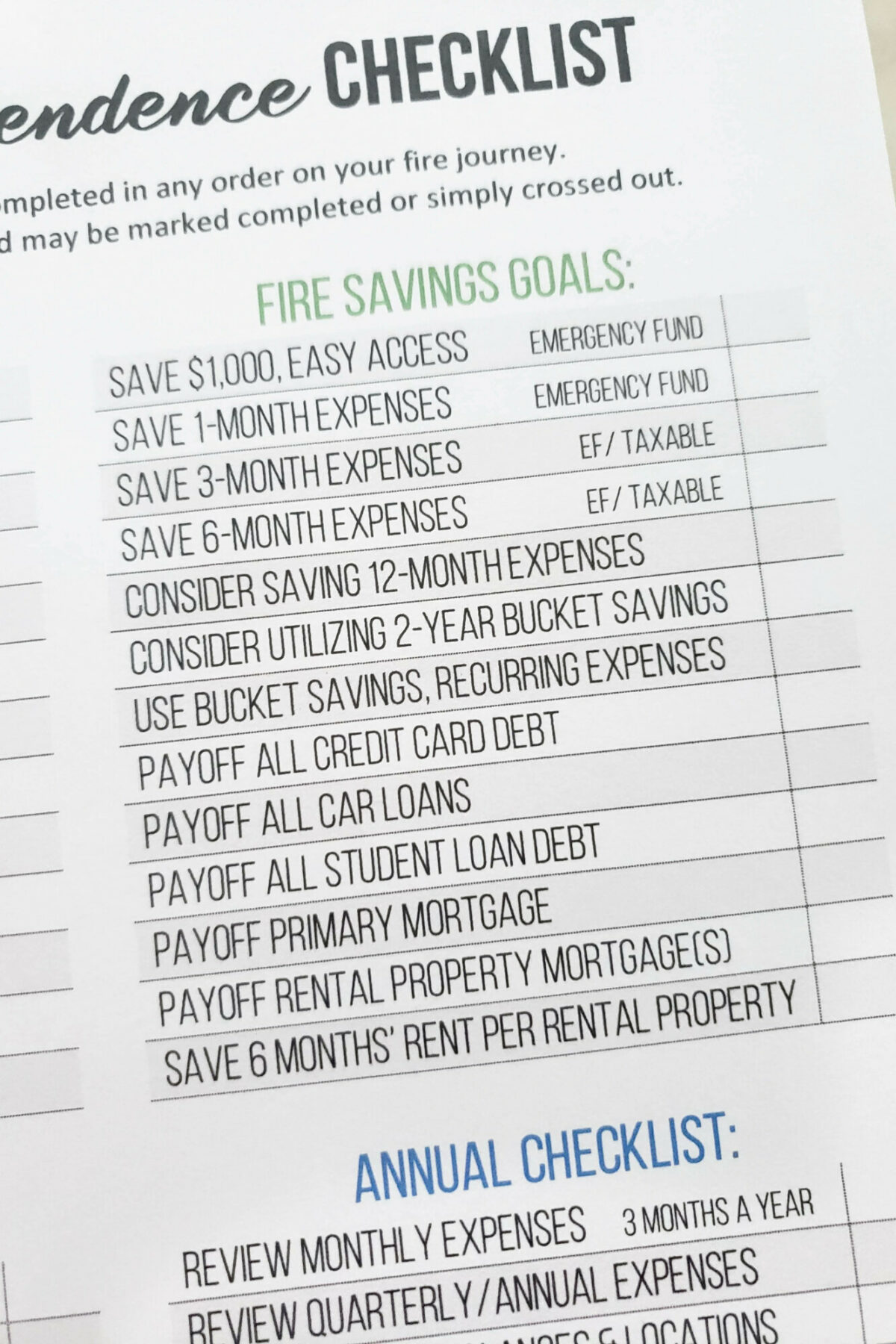 Financial Independence Checklist  - Printable F.I.R.E. goals and milestones - Working towards easy saving goals in your FI journey