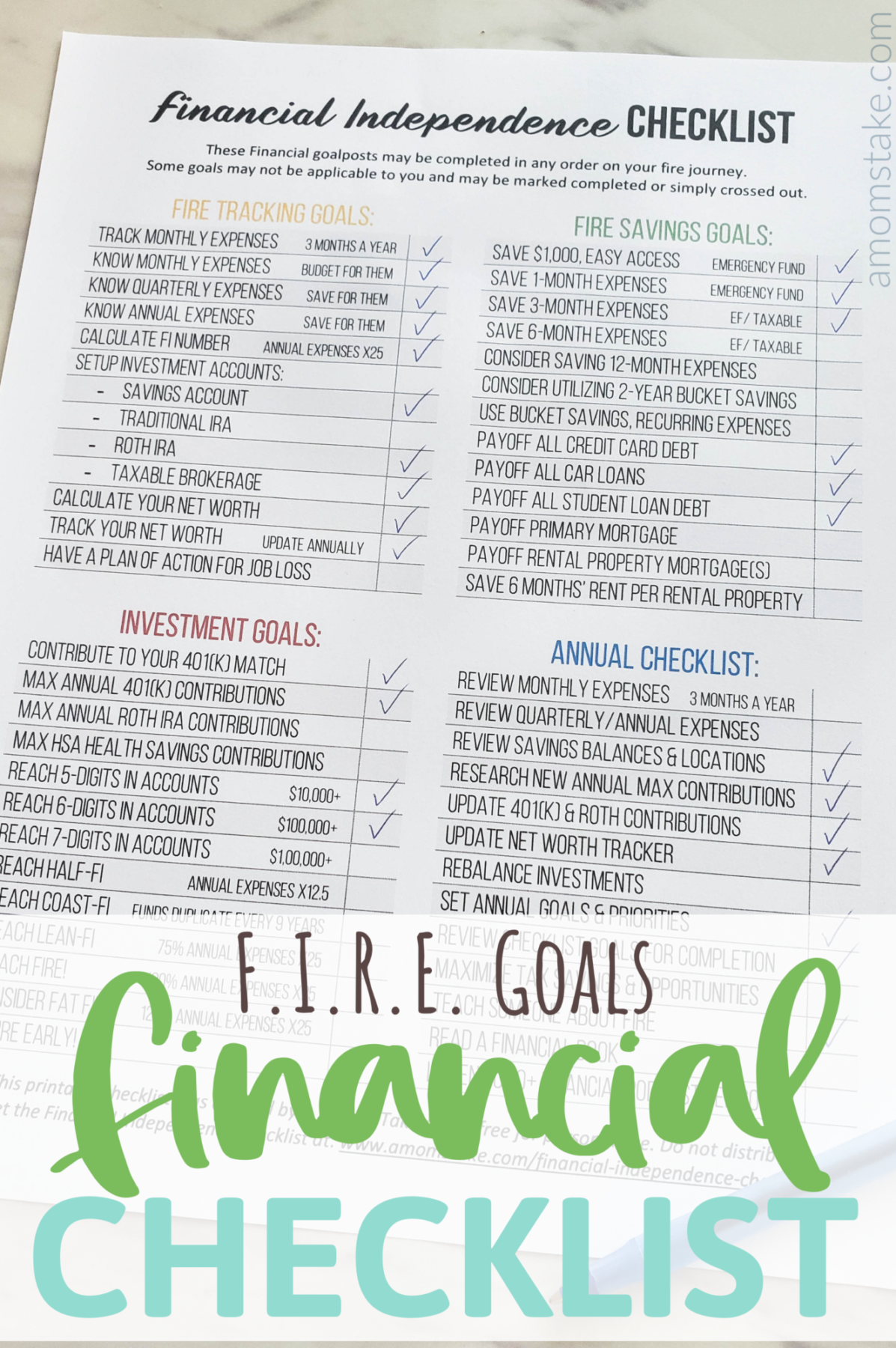 Financial Independence Checklist  - Printable F.I.R.E. goals and milestones