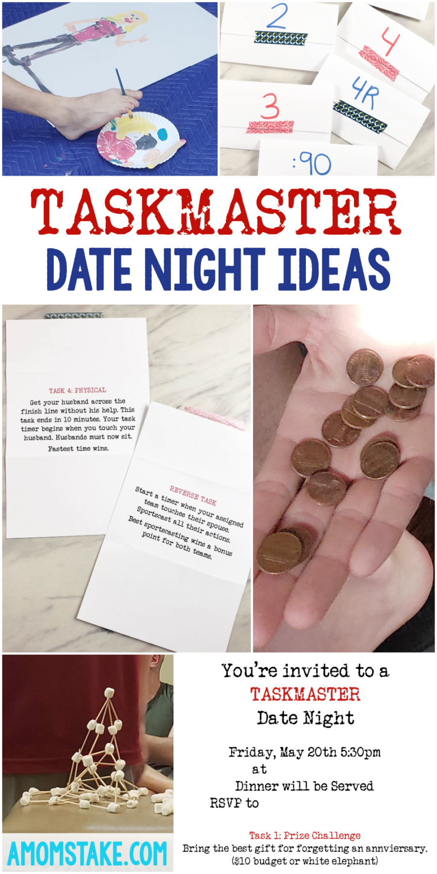 Taskmaster Date Night ideas and printable PDF Task cards for a fun group date night for couples. You'll love these fun and easy to setup challenges that include an entry task, gift challenge, art task, physical activity, and even a fun dinner making task! 26 different tasks you can mix and match and include in your fun couples date night ideas for a hilarious date night at home!