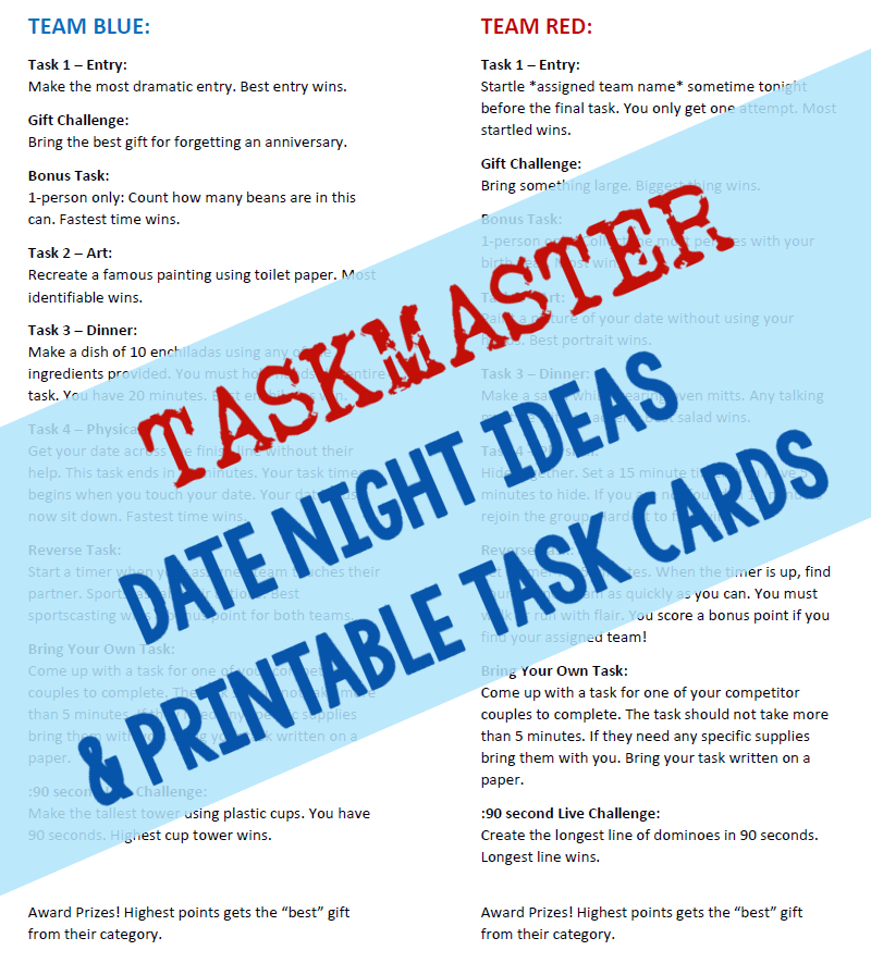 Taskmaster Date Night ideas and printable PDF Task cards for a fun group date night for couples