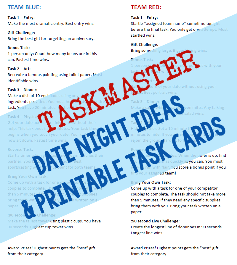 Taskmaster Date Night ideas and printable PDF Task cards for a fun group date night for couples